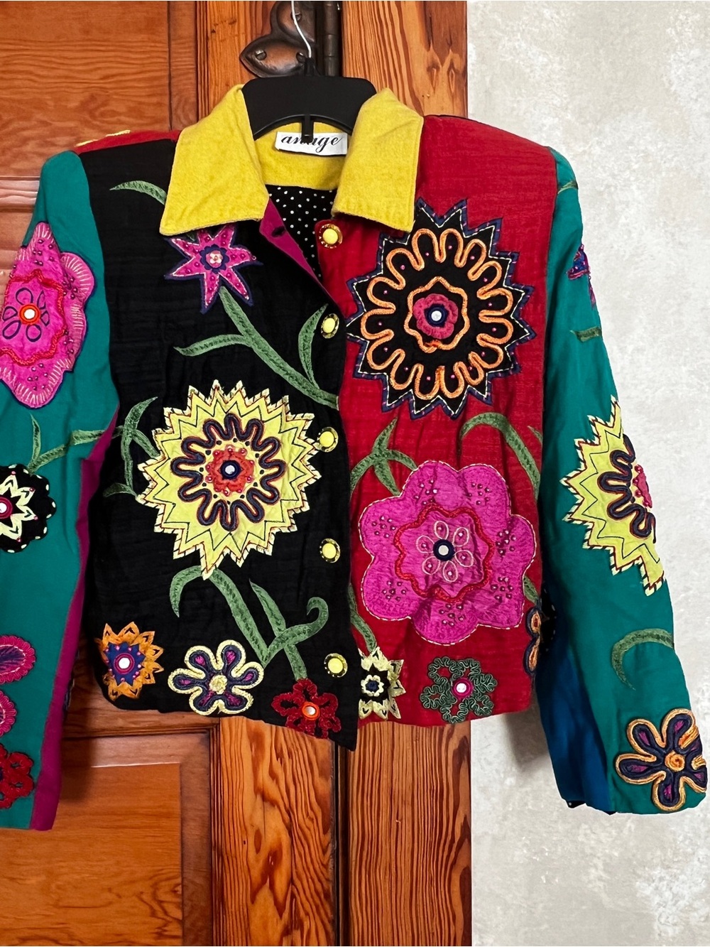 Vintage Anage Colorful Boho Embroidered Appliqué Floral Rayon Blazer Size Small